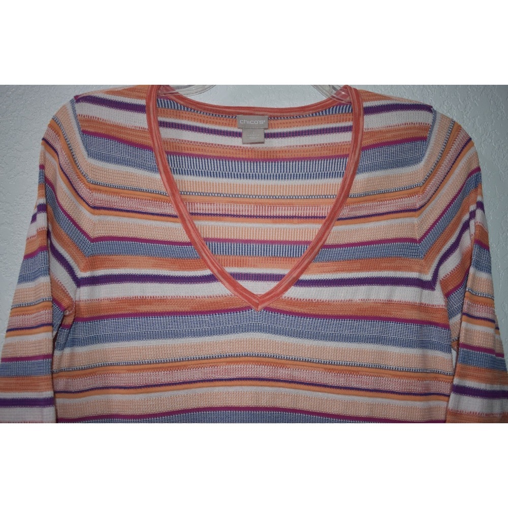 Chicos Linen Blend Top 1/Medium Colorful Stripes V-Neck 3/4 Sleeves Lightweight - Picture 5 of 16